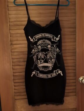 Women’s Black Graphic Lace Trim Bodycon Mini Dress Gothic Style Size Small